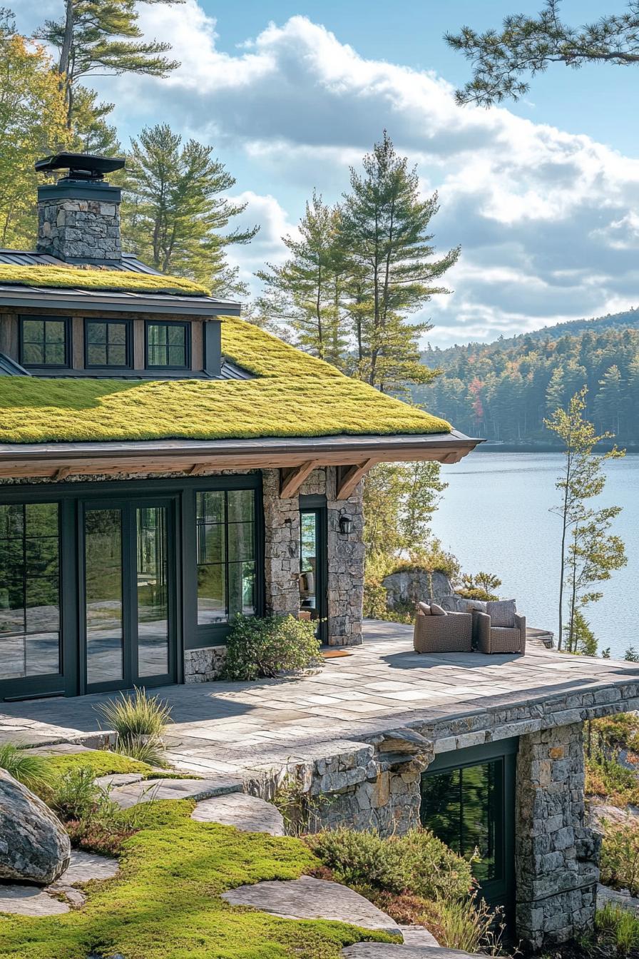 rustic modern lake house facade with moss covered green roof stunning lake views 3