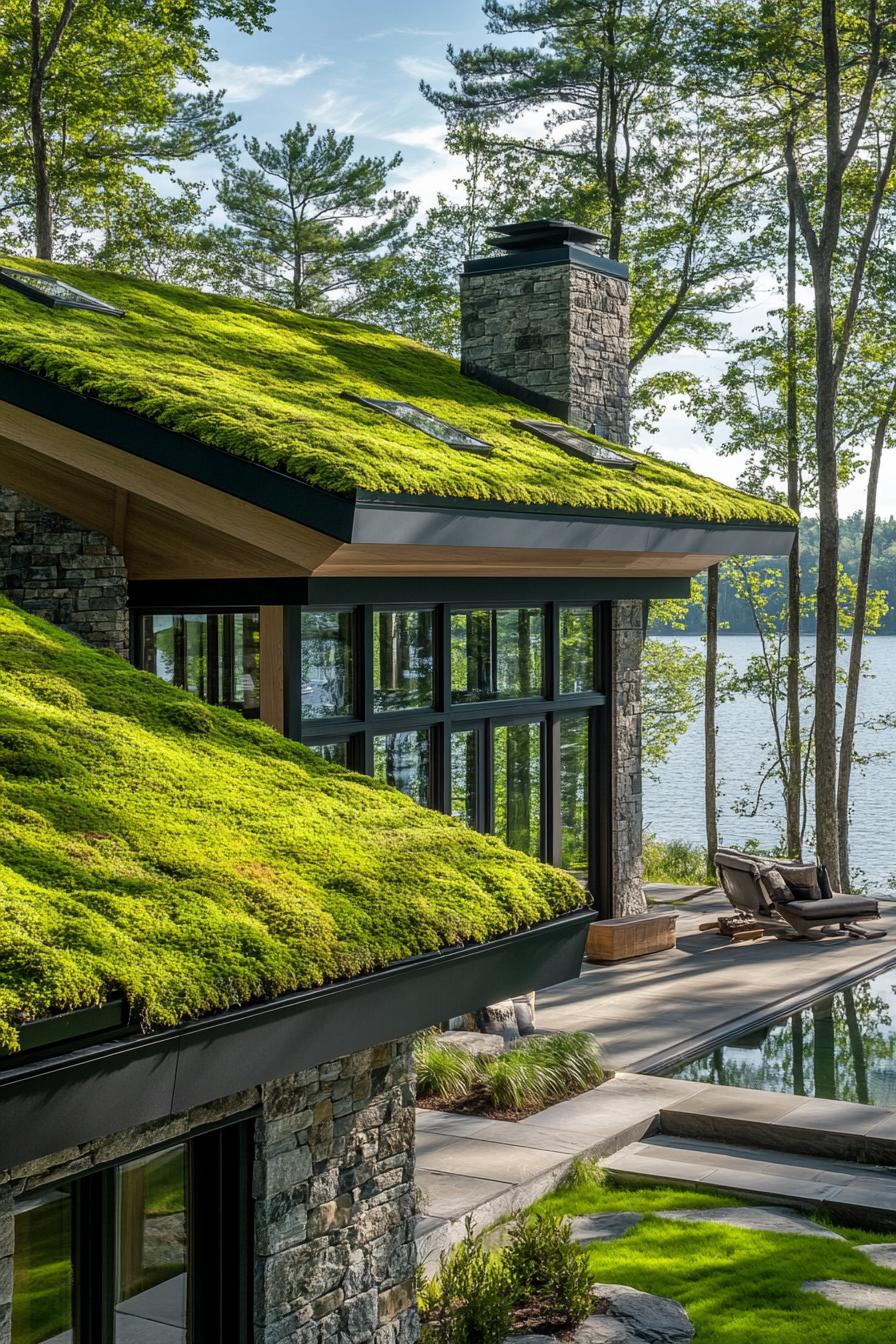 rustic modern lake house facade with moss covered green roof stunning lake views