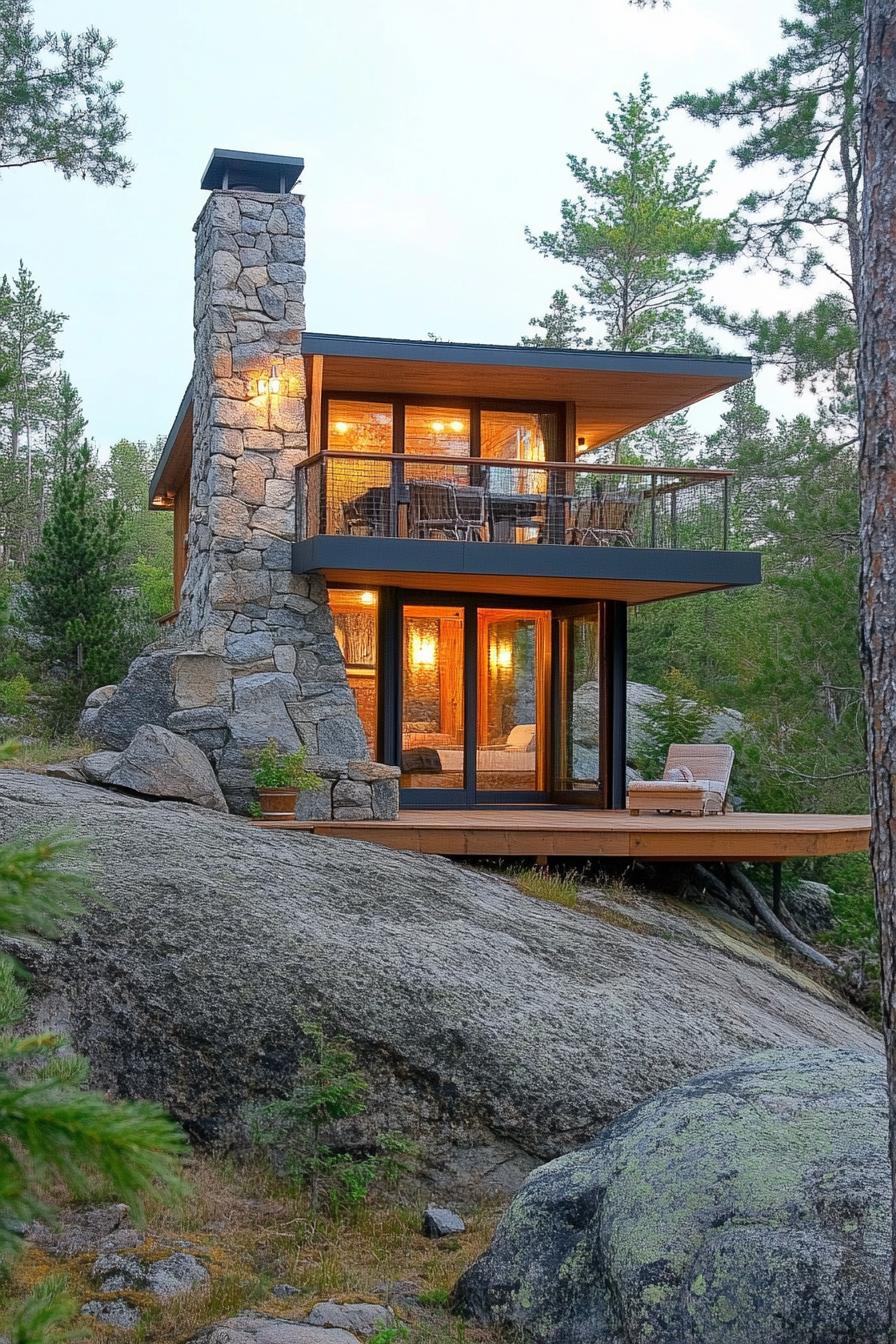 small modern cottage with chimney with deck on large rocks