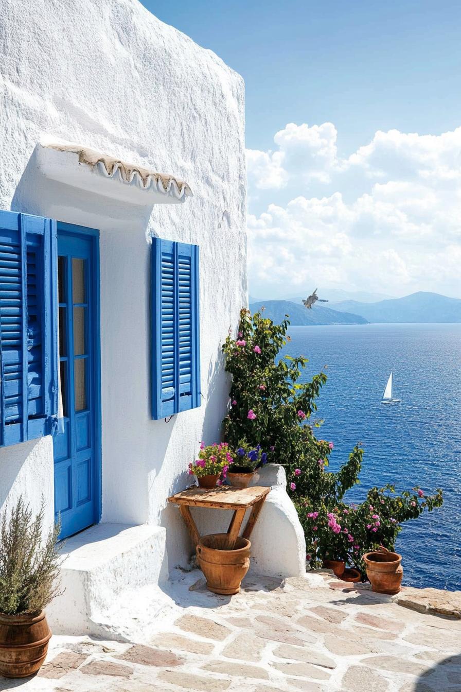 small modern mediterranean house Greek style blue shutters sea view 1