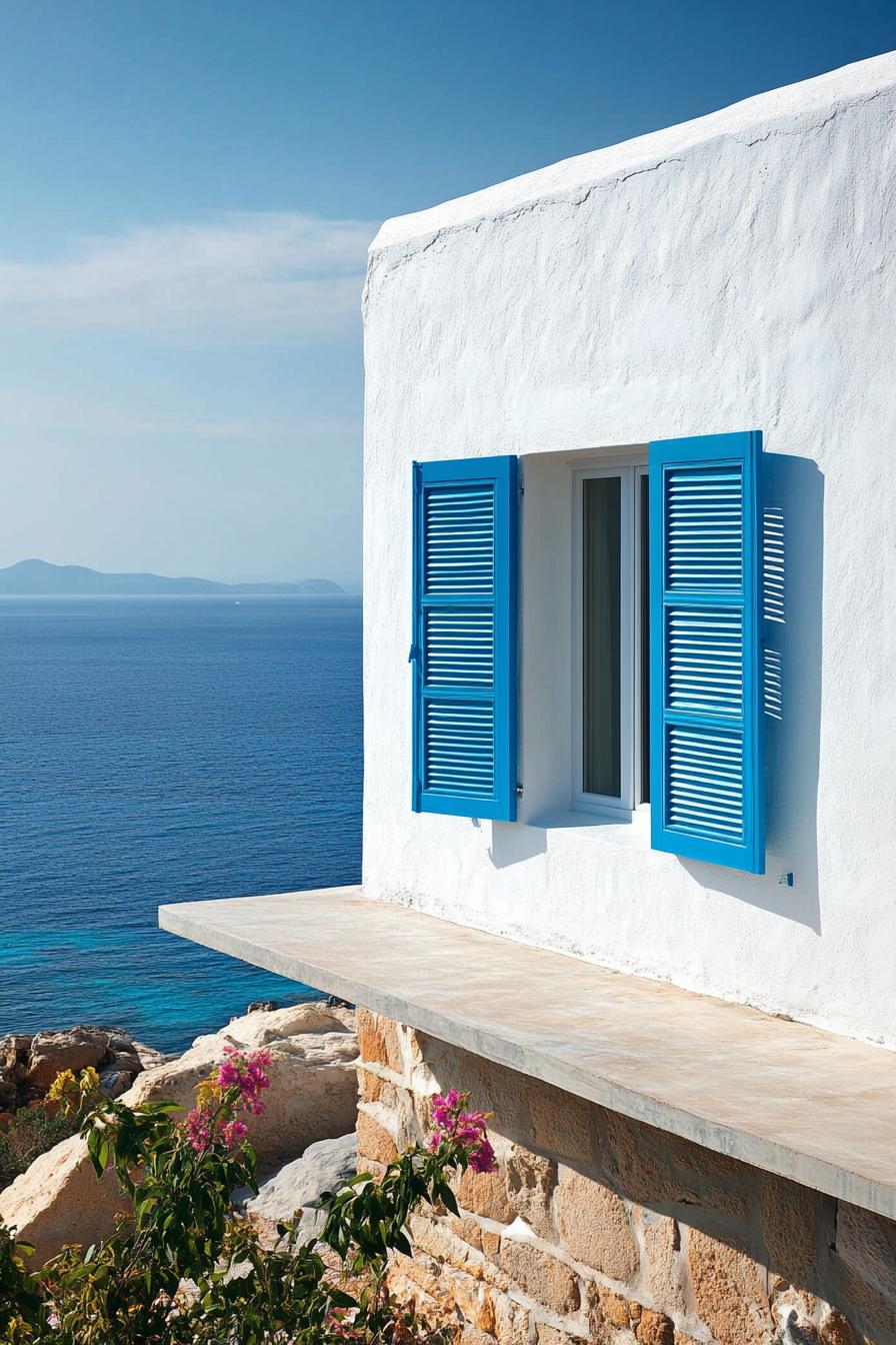 small modern mediterranean house Greek style blue shutters sea view 2