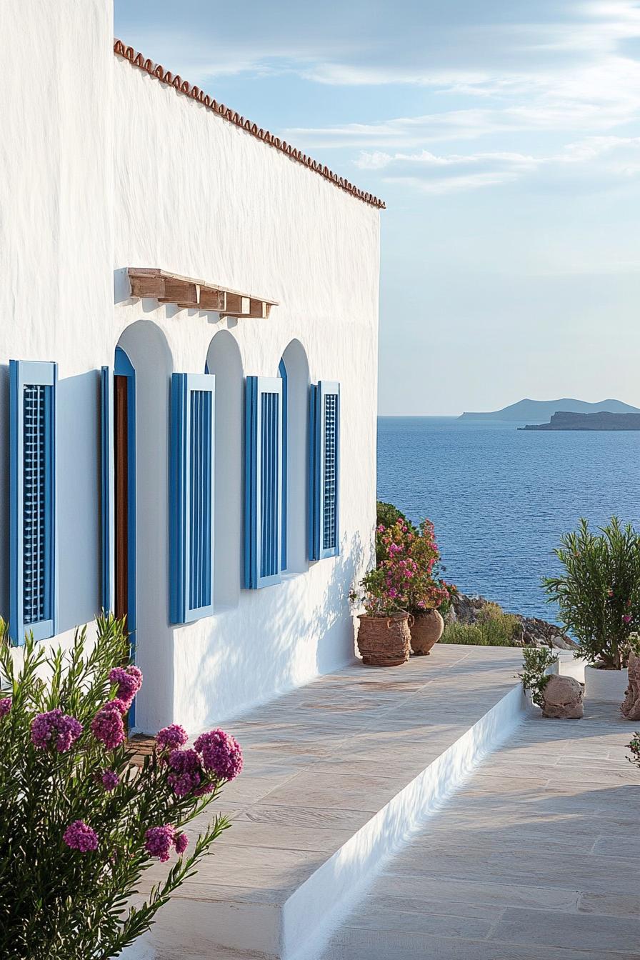 small modern mediterranean house Greek style blue shutters sea view 3