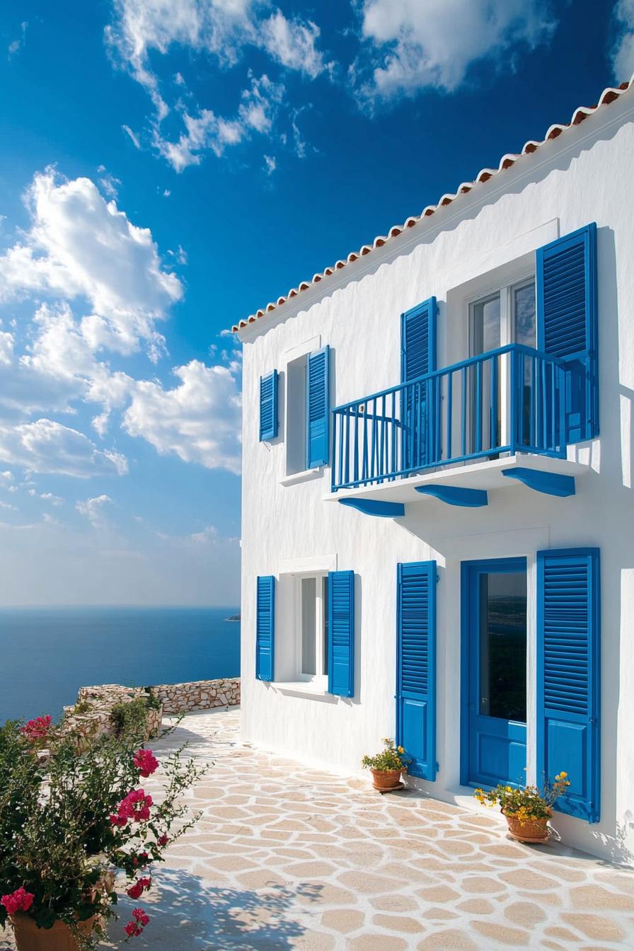 small modern mediterranean house Greek style blue shutters sea view