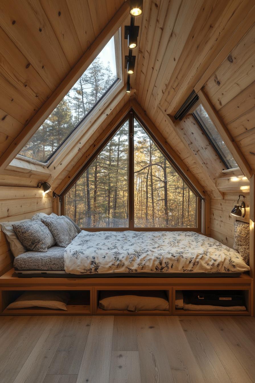 tiny a frame cabin interior with natural hardwood ceiling and floor built in platform bed with built in storage and cozy bedding full wall window 1