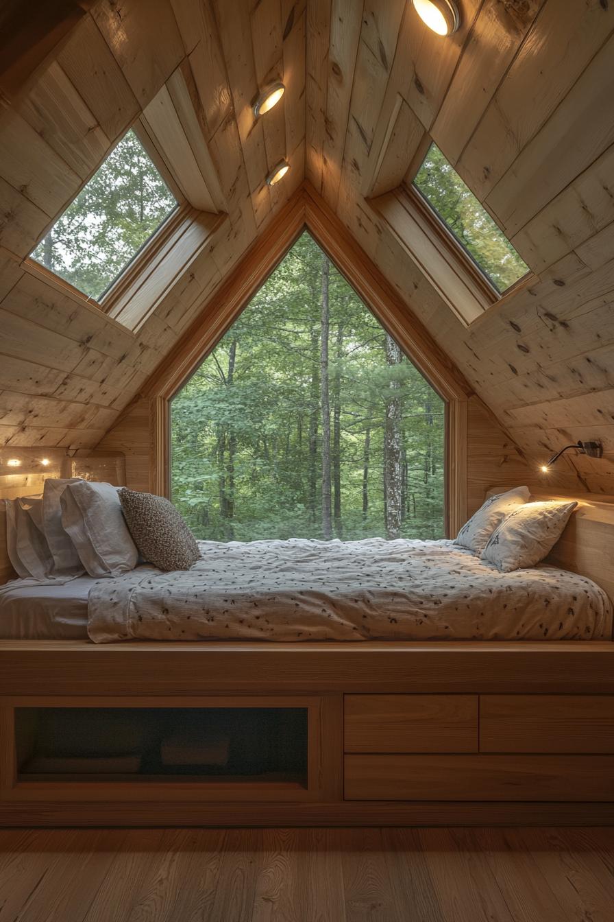 tiny a frame cabin interior with natural hardwood ceiling and floor built in platform bed with built in storage and cozy bedding full wall window 2