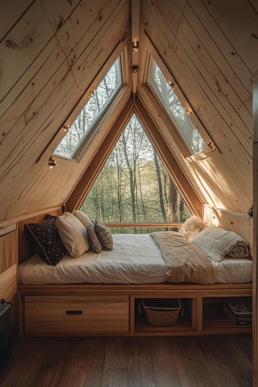 tiny a frame cabin interior with natural hardwood ceiling and floor built in platform bed with built in storage and cozy bedding full wall window 3