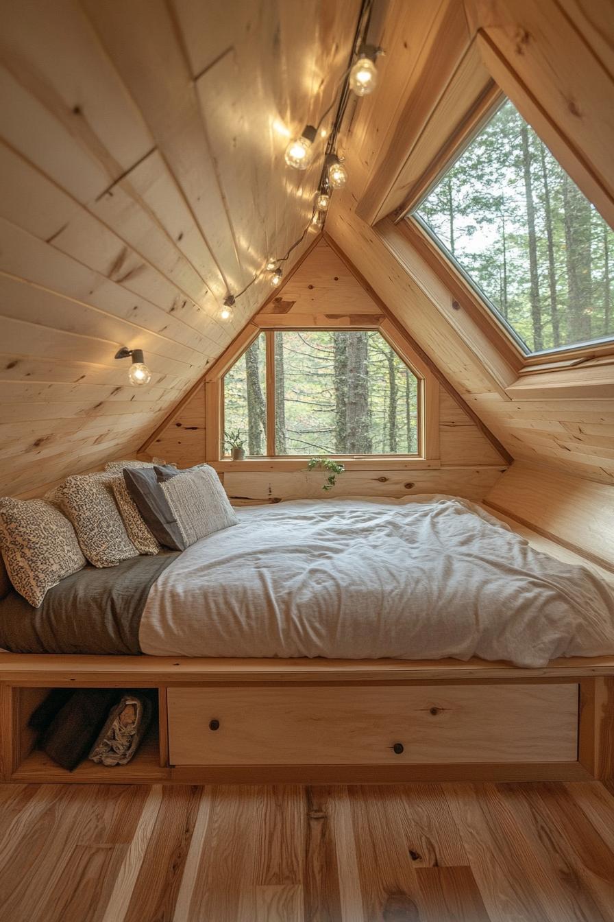 tiny a frame cabin interior with natural hardwood ceiling and floor built in platform bed with built in storage and cozy bedding full wall window