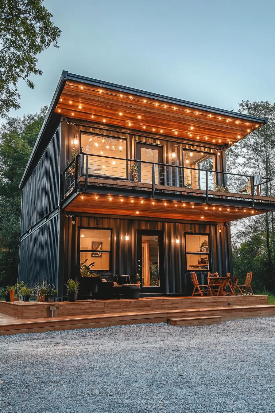 two story house built with shipping containers with balcony and wooden porch 1