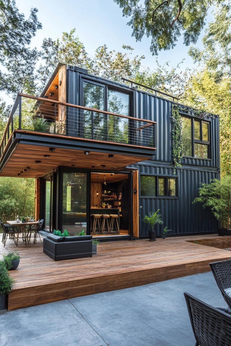 two story house built with shipping containers with balcony and wooden porch