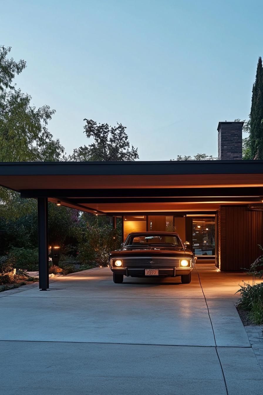 70s midcentury house facade with carport with flat canopy 1