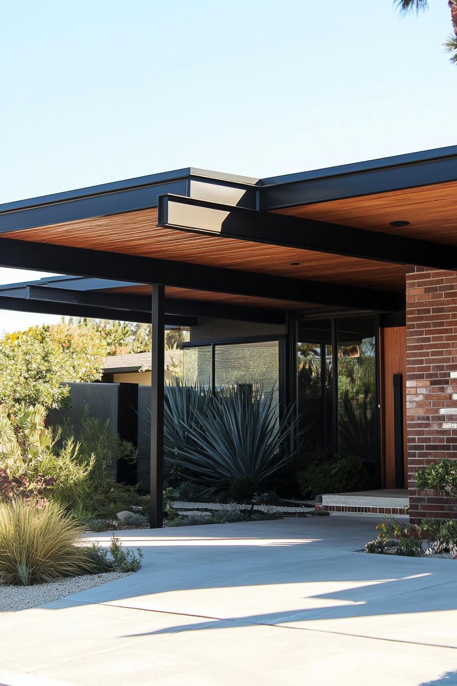 70s midcentury house facade with carport with flat canopy 3