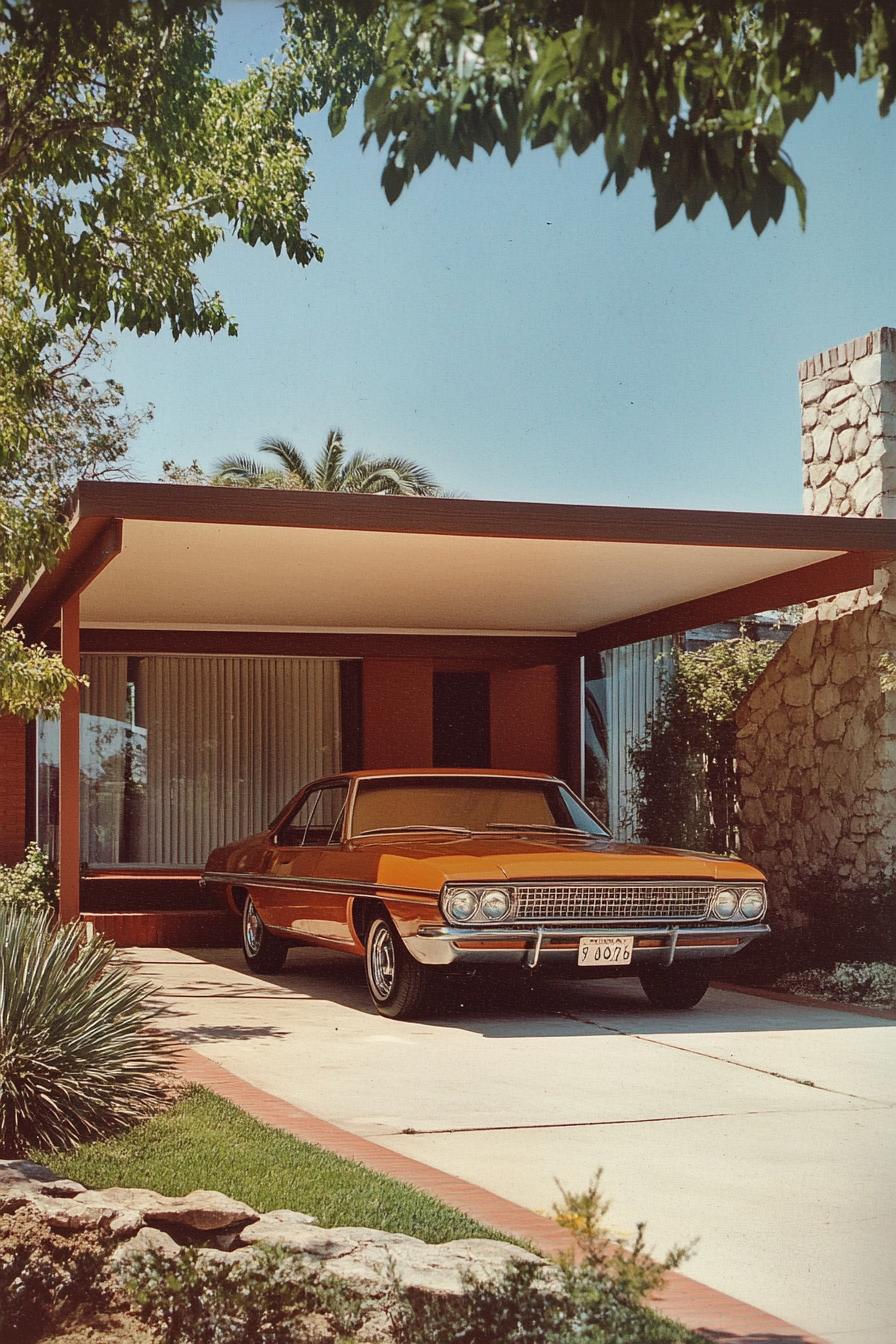 70s midcentury house facade with carport with flat canopy