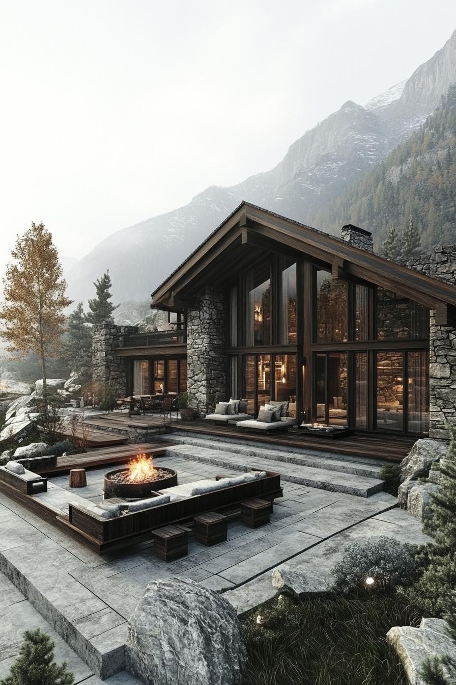 A large modern rustic house. The exterior features natural stone walls complemented by dark wood accents multi pitch roof. Multi level stone deck 1