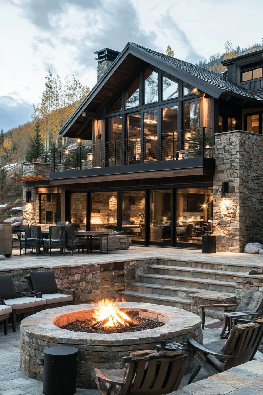 A large modern rustic house. The exterior features natural stone walls complemented by dark wood accents multi pitch roof. Multi level stone deck