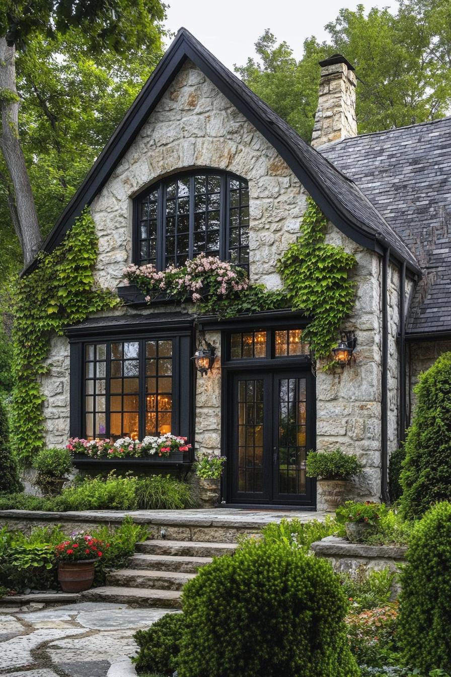 English cottage house pastel shade stone facade climber vines flower boxes under windows large black glass doors stone path along the facade with shrubs 1