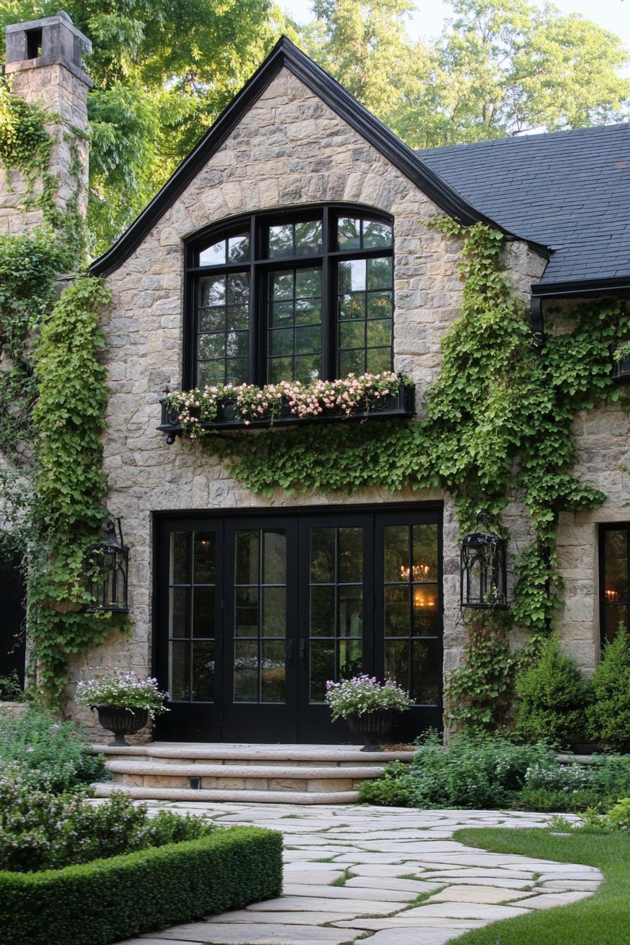 English cottage house pastel shade stone facade climber vines flower boxes under windows large black glass doors stone path along the facade with shrubs 2