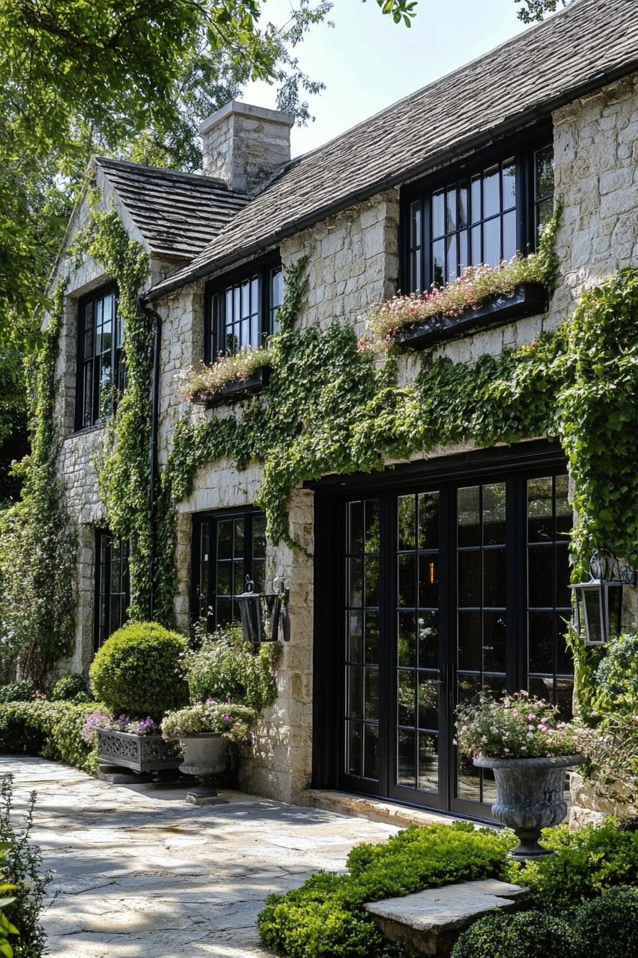 English cottage house pastel shade stone facade climber vines flower boxes under windows large black glass doors stone path along the facade with shrubs 3