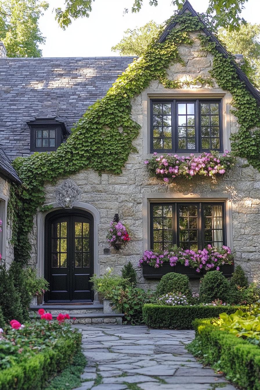 English cottage house pastel shade stone facade climber vines flower boxes under windows large black glass doors stone path along the facade with shrubs