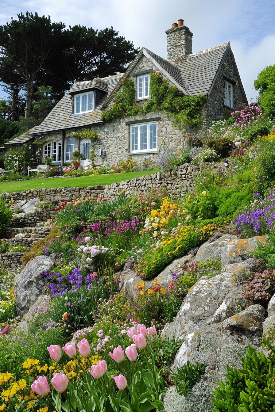 English country house with stone siding multi pitch roof green living wall lush garden with rocks and wildflowers tulips roses on a steep green 1