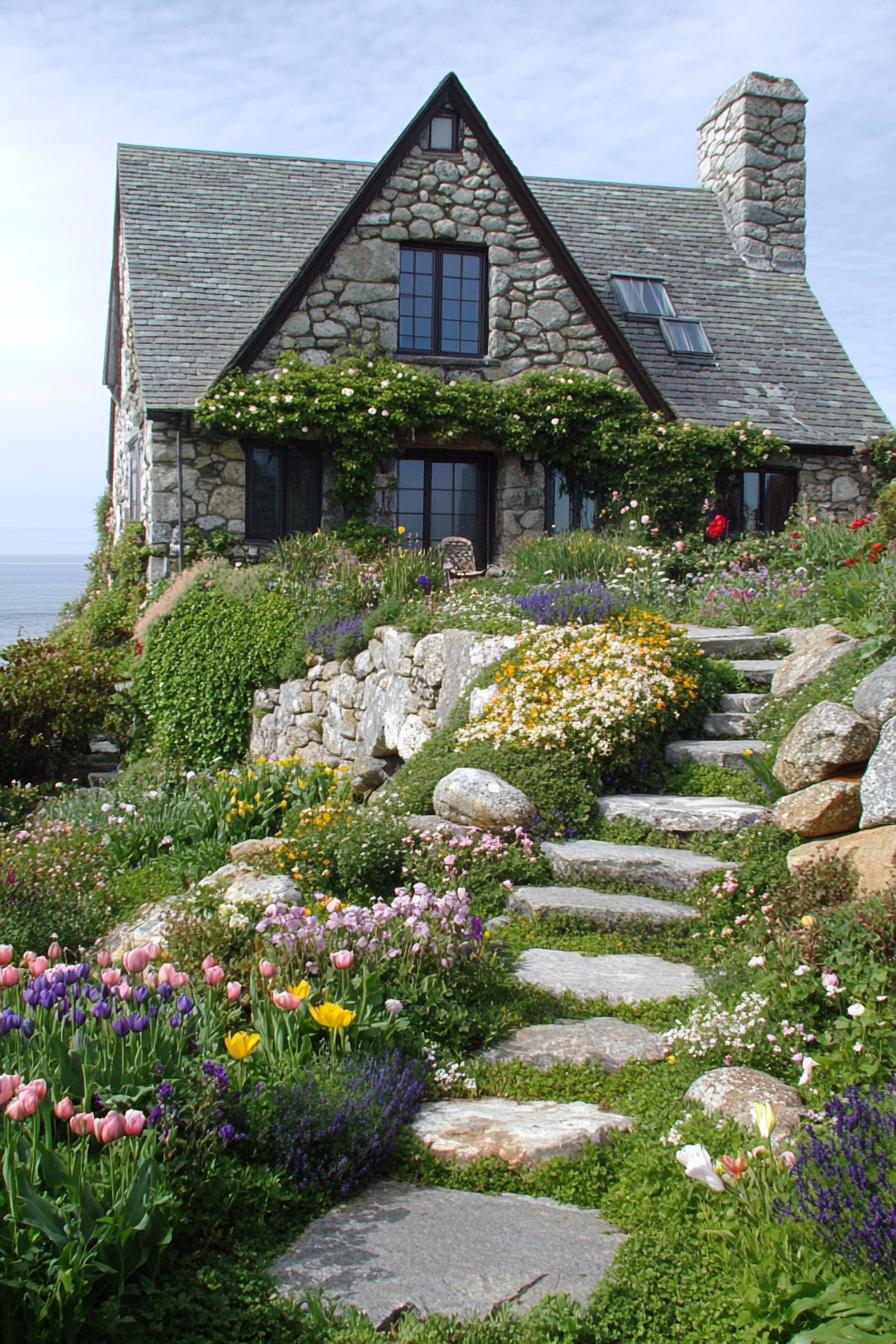 English country house with stone siding multi pitch roof green living wall lush garden with rocks and wildflowers tulips roses on a steep green 2