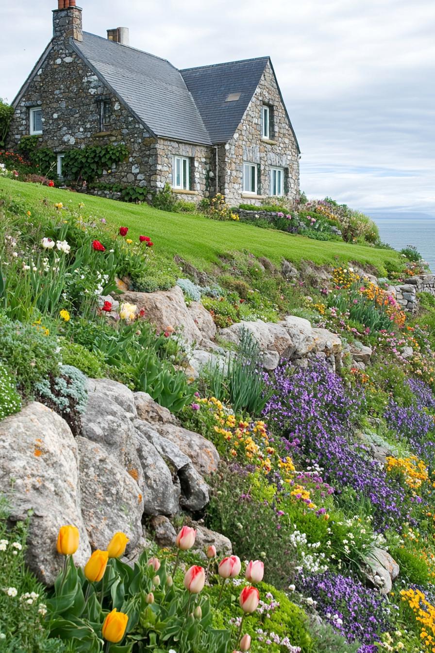 English country house with stone siding multi pitch roof green living wall lush garden with rocks and wildflowers tulips roses on a steep green