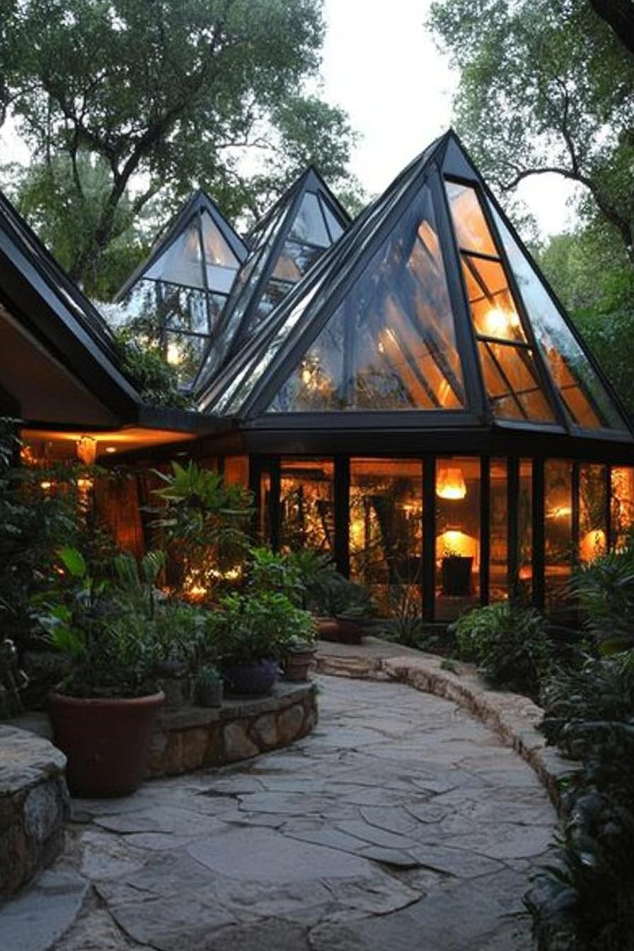 Intricate glass roofed modern house. It ncludes multiple pyramid like skylights that allow ample natural light illuminating the interior space. The