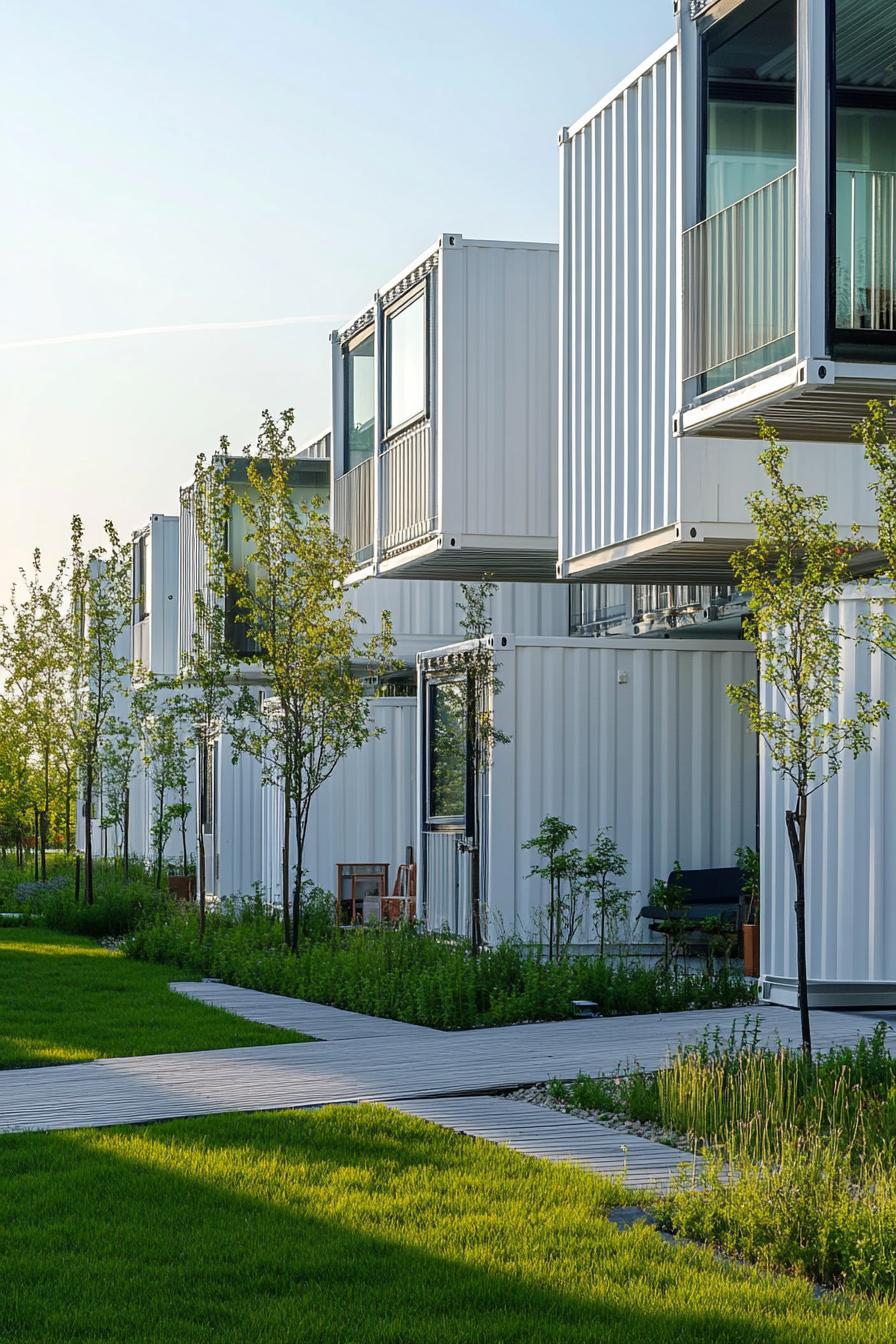 a modern container apartment building complex in white siding with grass landscape and little trees 1