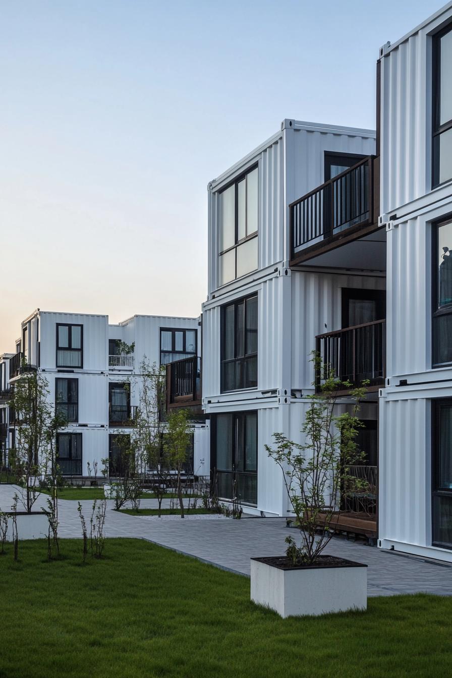 a modern container apartment building complex in white siding with grass landscape and little trees