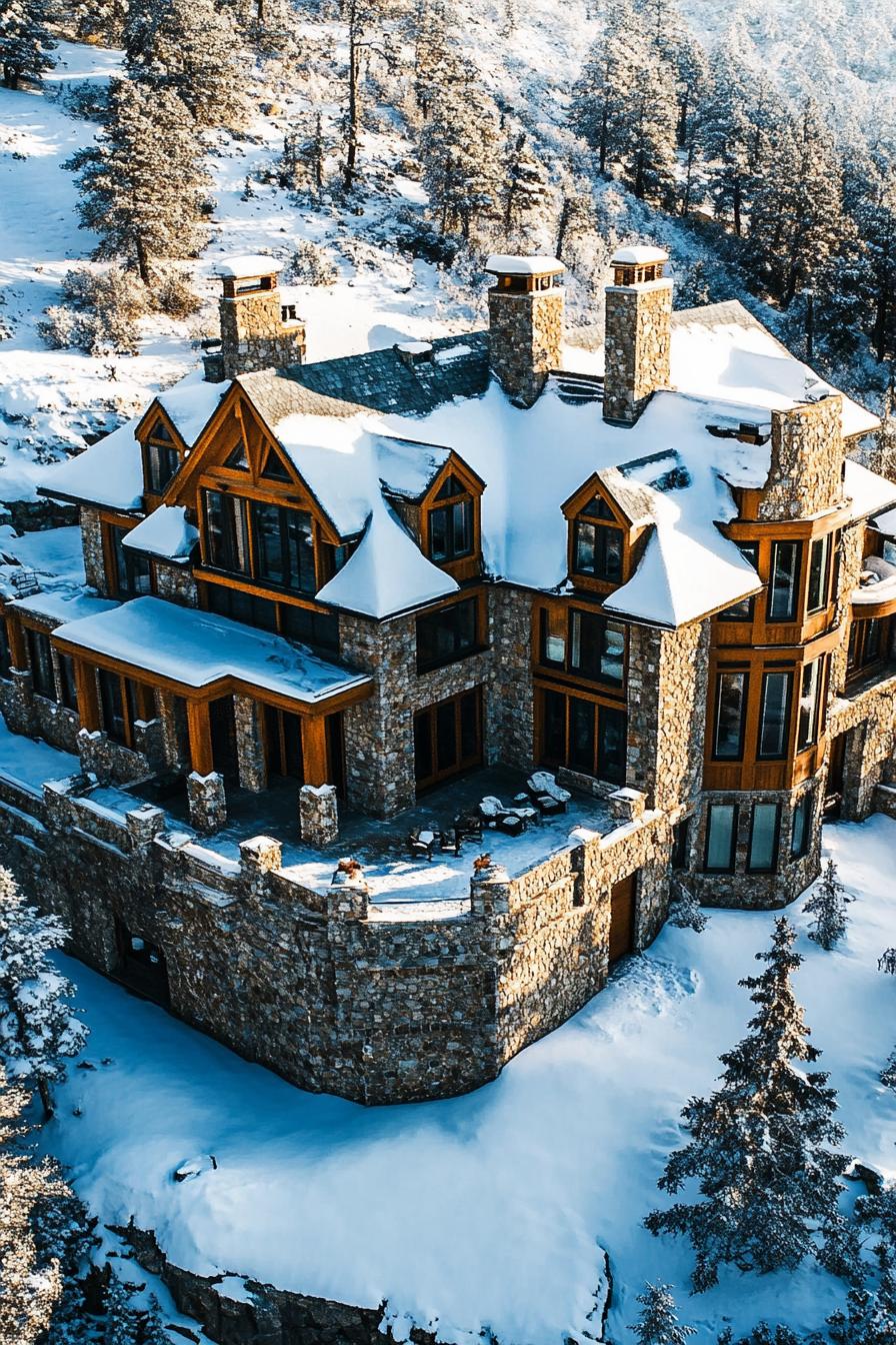 aerial view of a snowed in mountain mansions with modern stone foundation with porches and multi pitched second floor roofs 1