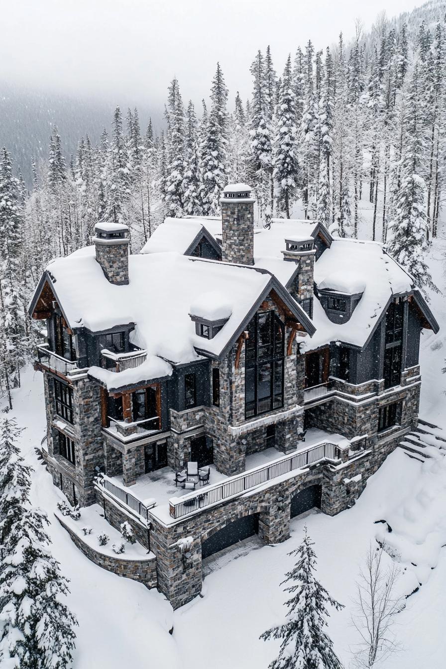 aerial view of a snowed in mountain mansions with modern stone foundation with porches and multi pitched second floor roofs