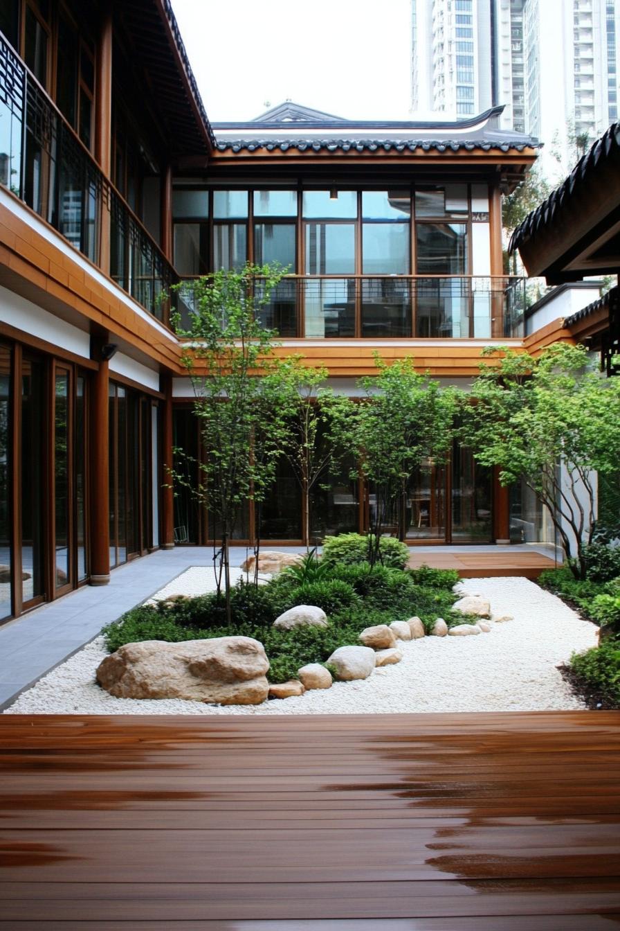 chinese inner courtyard with garden walls wooden deck rocks chinese detailing modern office building visible over the roof from the courtyard 1