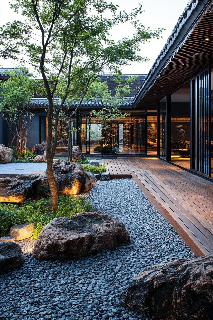 chinese inner courtyard with garden walls wooden deck rocks chinese detailing modern office building visible over the roof from the courtyard 2