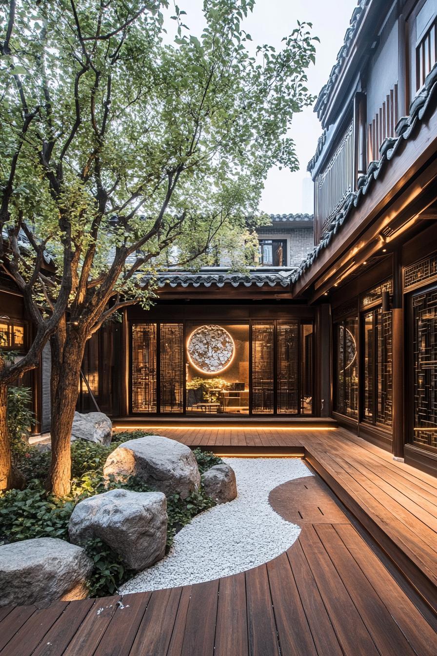 chinese inner courtyard with garden walls wooden deck rocks chinese detailing modern office building visible over the roof from the courtyard 3