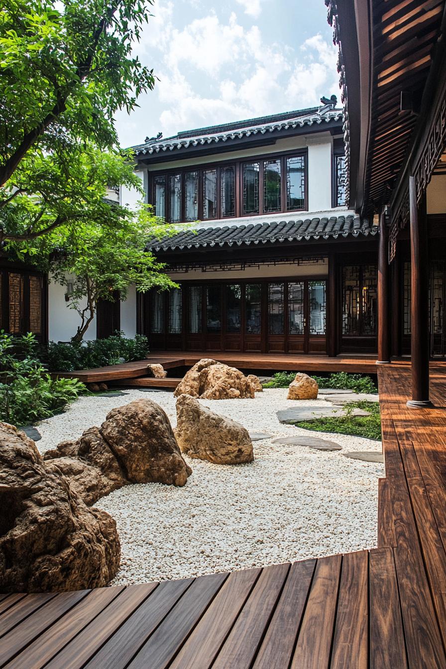 chinese inner courtyard with garden walls wooden deck rocks chinese detailing modern office building visible over the roof from the courtyard