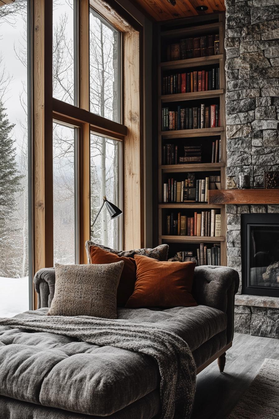 Charming nook with a chaise lounge beside a window and bookshelves