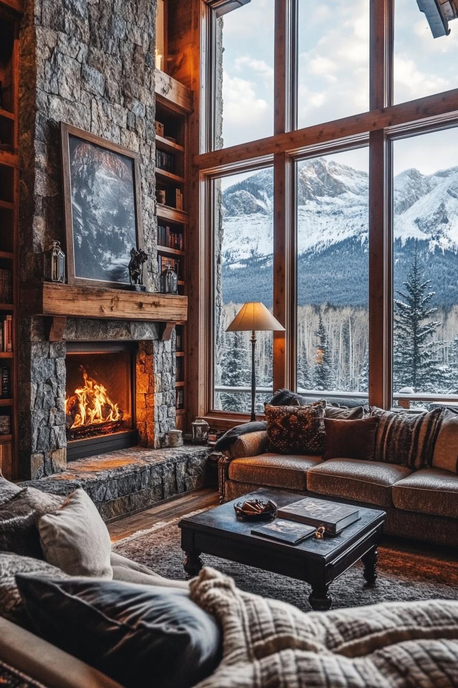 Cozy living room with a stone fireplace and mountains outside