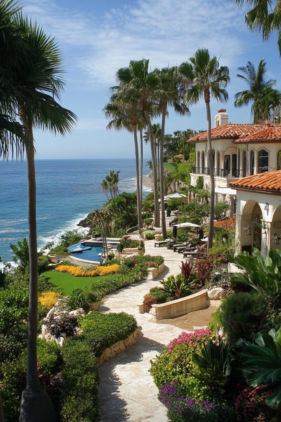 high angle view of a beachfront coastal mansion estate with garden nad palms ocean in the background