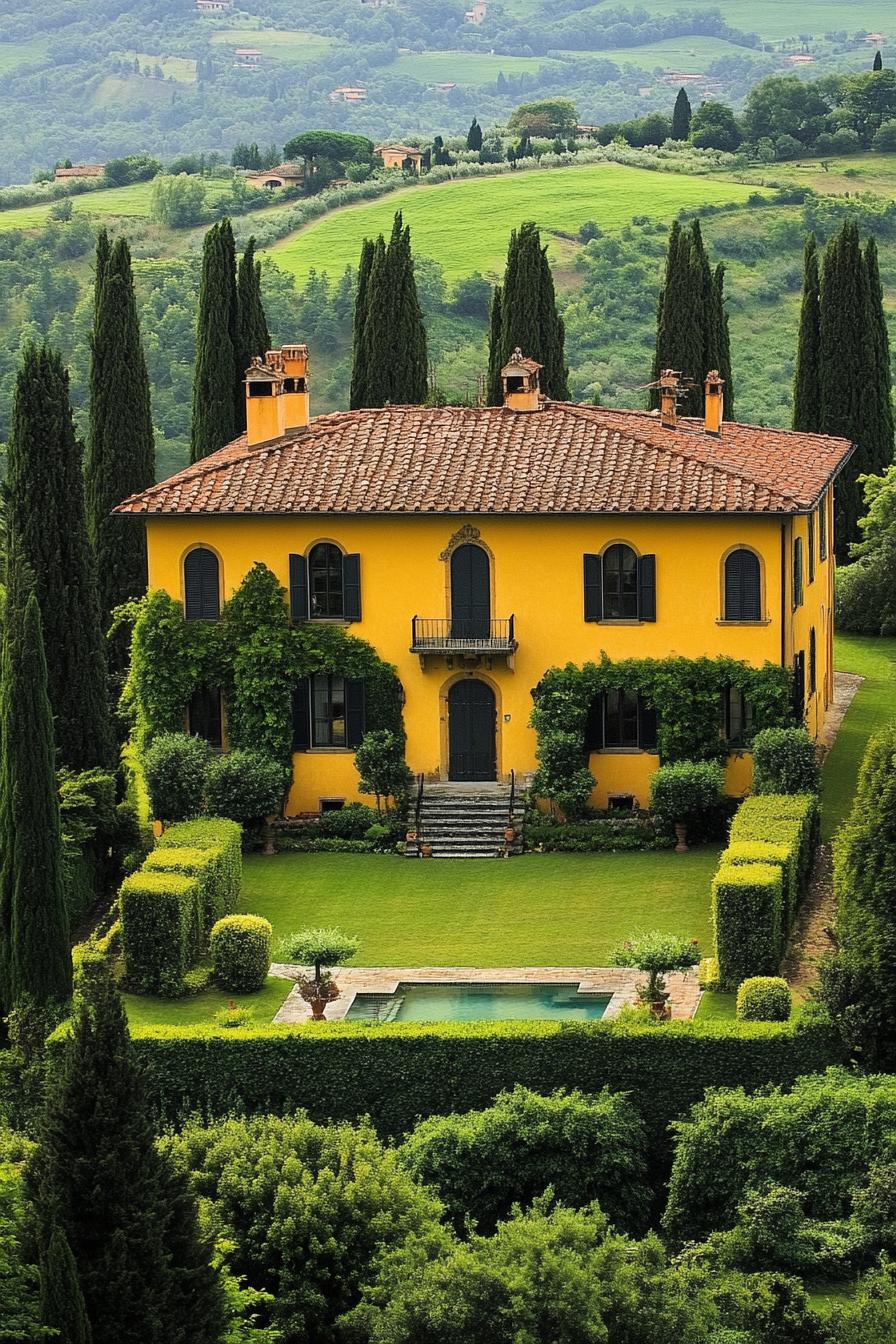 high angle view of an upkept italian villa in yellow stucco facade with vines yard surrounded by italian cypress pool green italian valley in the 1