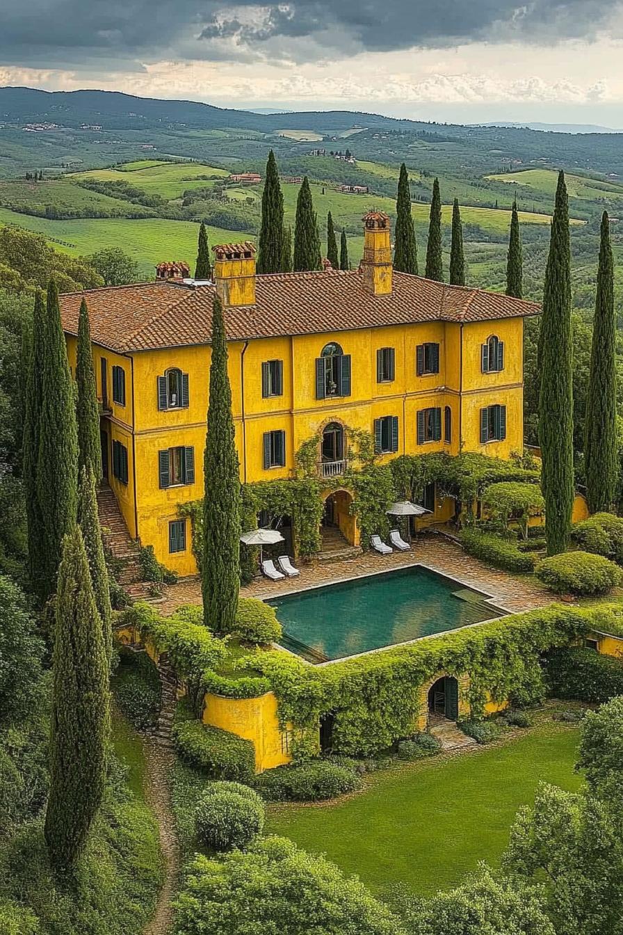 high angle view of an upkept italian villa in yellow stucco facade with vines yard surrounded by italian cypress pool green italian valley in the 2