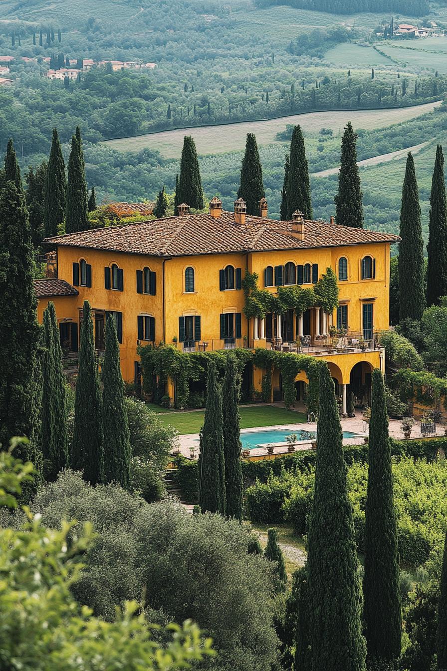 high angle view of an upkept italian villa in yellow stucco facade with vines yard surrounded by italian cypress pool green italian valley in the