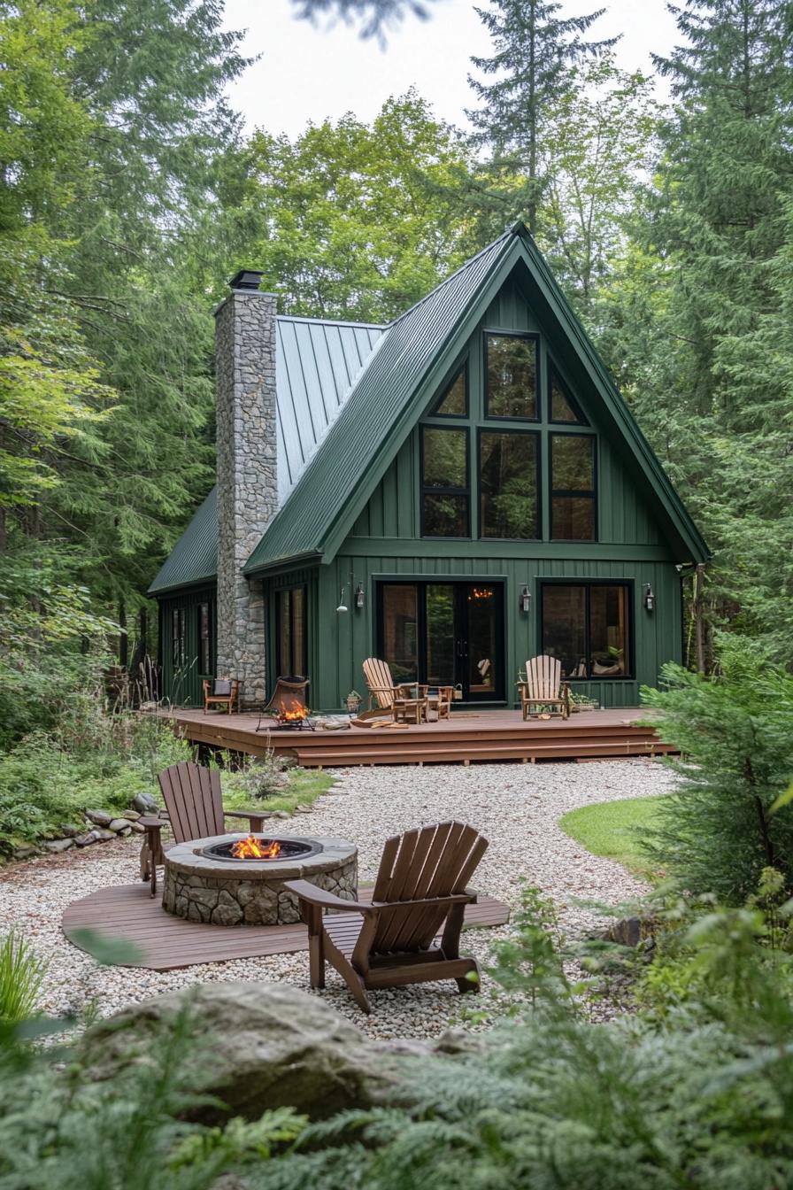 large a frame forest cabin in forest green siding metal roof dark stained wood trim large windows small wooden deck fine gravel yard with a 2