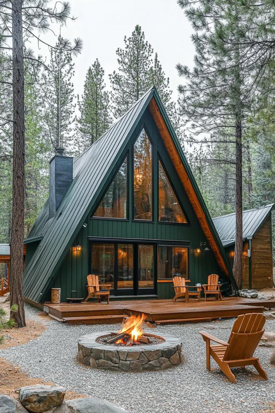 large a frame forest cabin in forest green siding metal roof dark stained wood trim large windows small wooden deck fine gravel yard with a 3