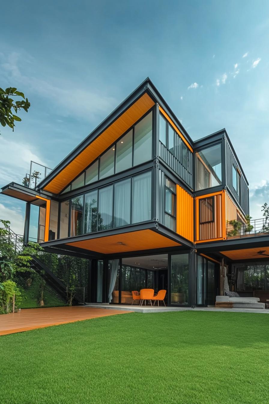 large modern house made of multiple shipping containers with pitched roof green lawn yard