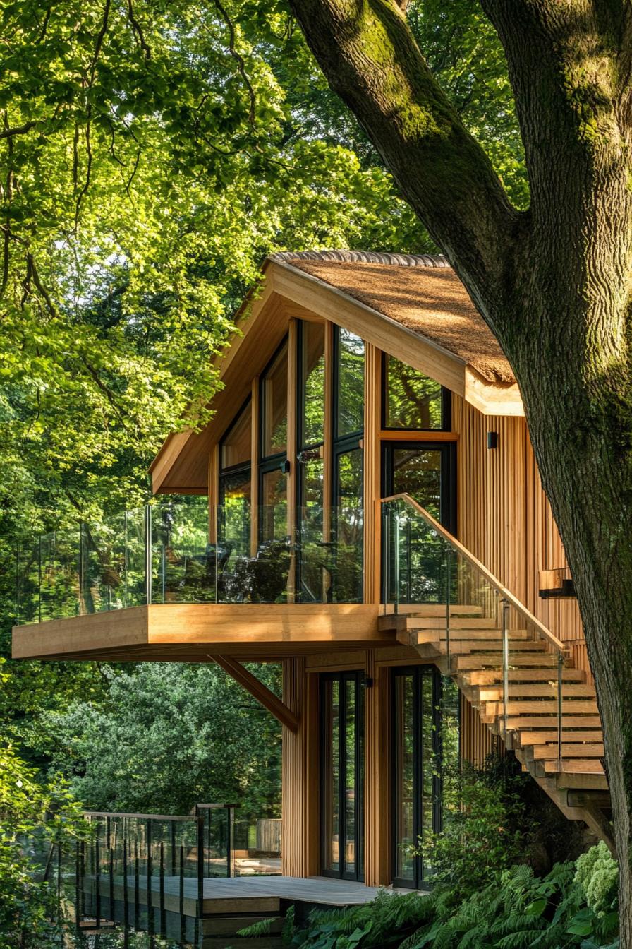 luxury treehouse with cedar cladding thatched roof and large glass windows it is built on high stilts against a large tree there are steps with 1