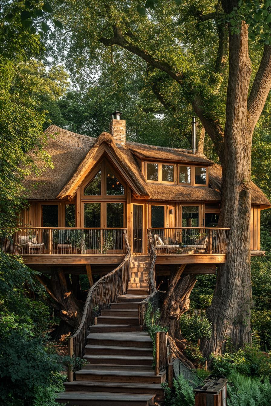 luxury treehouse with cedar cladding thatched roof and large glass windows it is built on high stilts against a large tree there are steps with 2