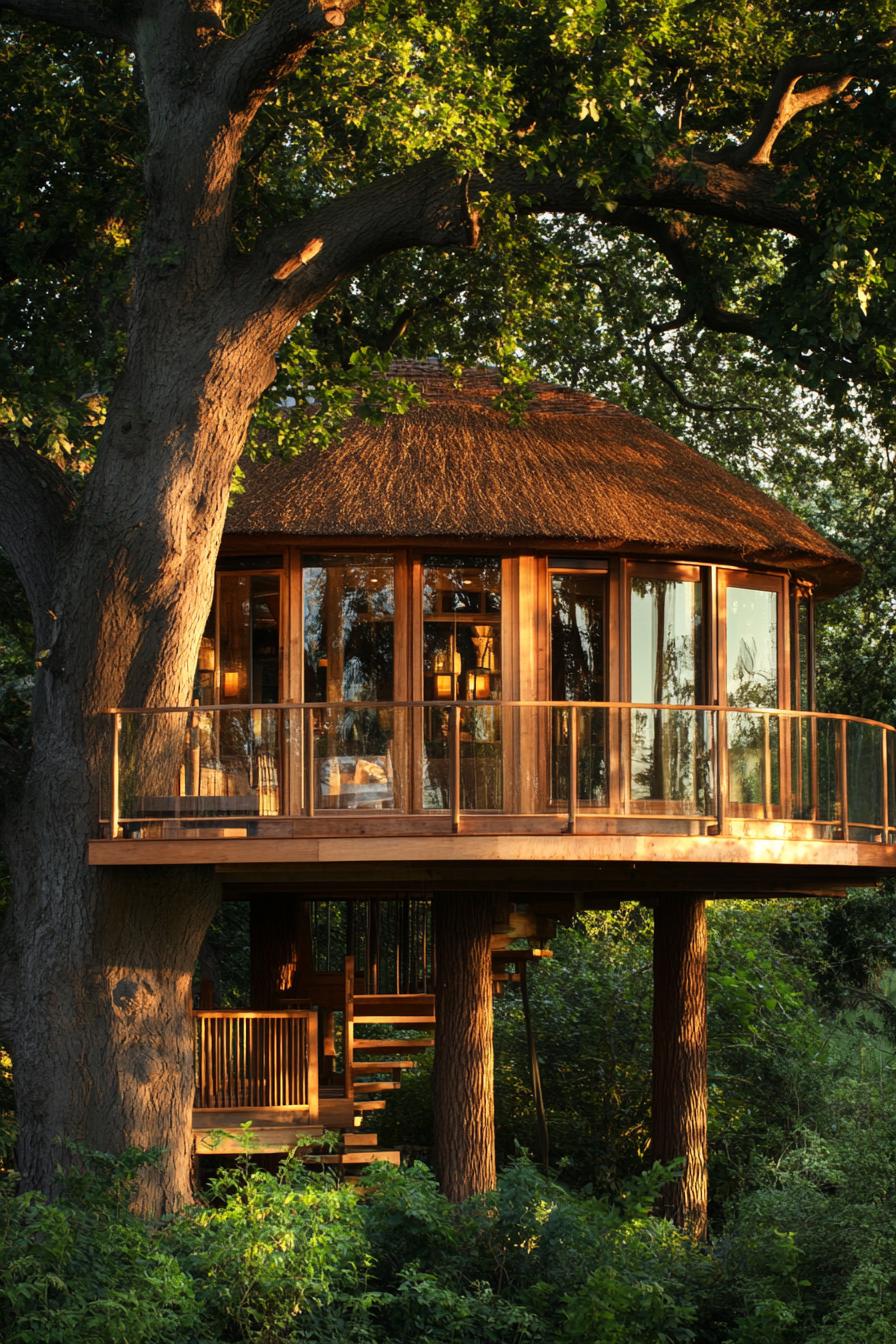 luxury treehouse with cedar cladding thatched roof and large glass windows it is built on high stilts against a large tree there are steps with