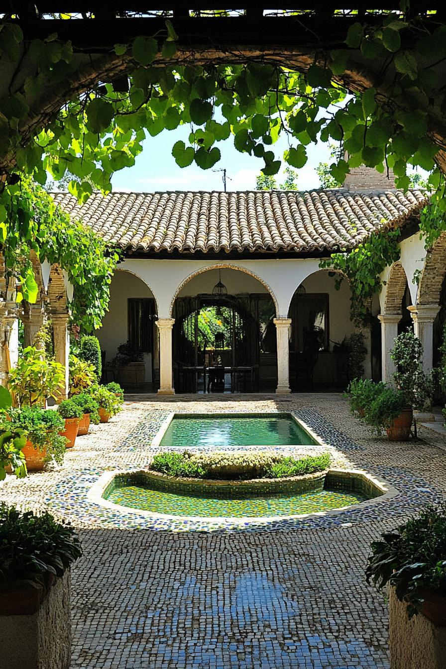 mediterranean home enclosed courtyard garden with arches pergola roof with vines plants small mosaic tile pool