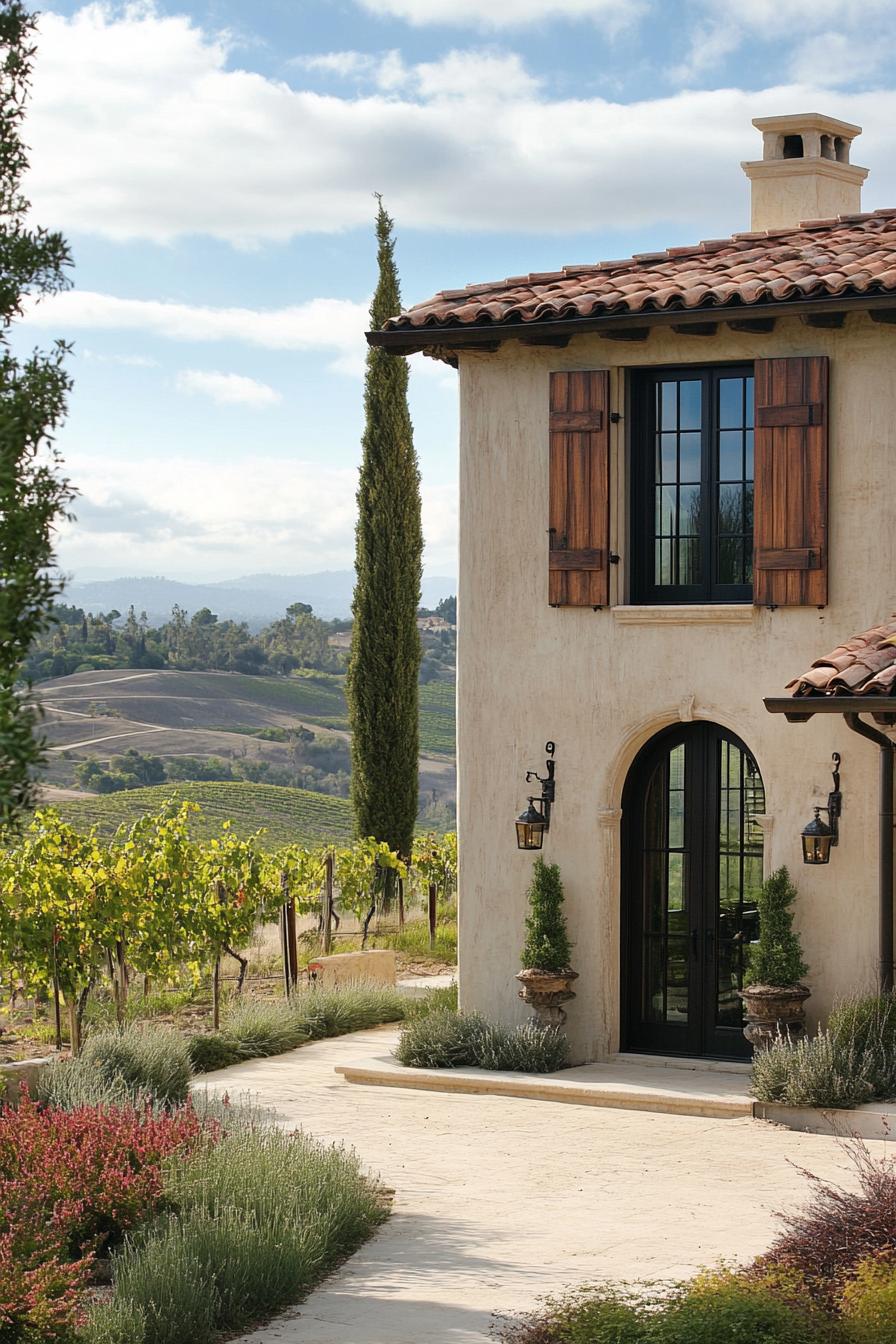 mediterranean revival architecture home facade with tall narrow windows and wooden shutters hilly vineyard landscape 1