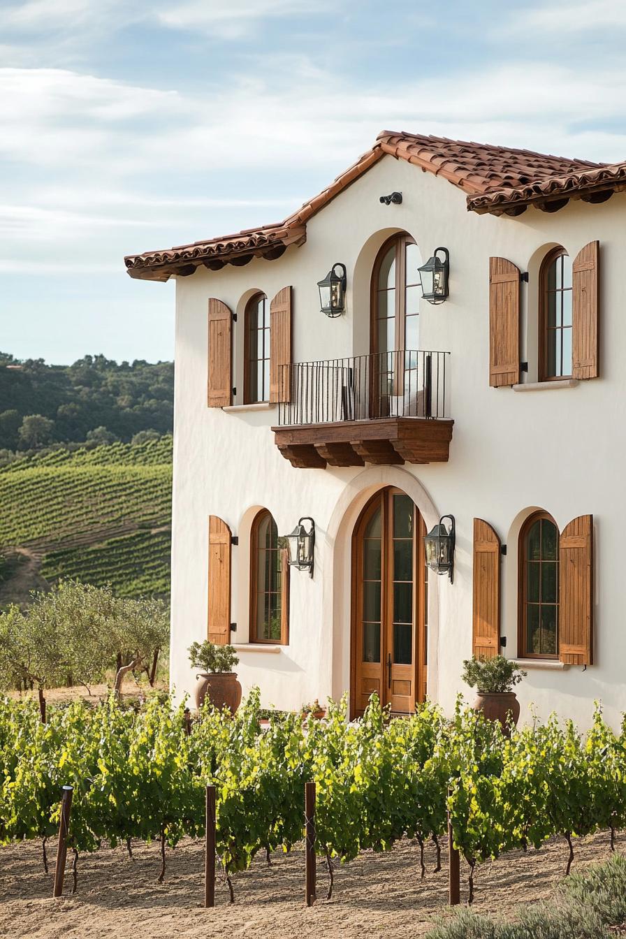 mediterranean revival architecture home facade with tall narrow windows and wooden shutters hilly vineyard landscape 2