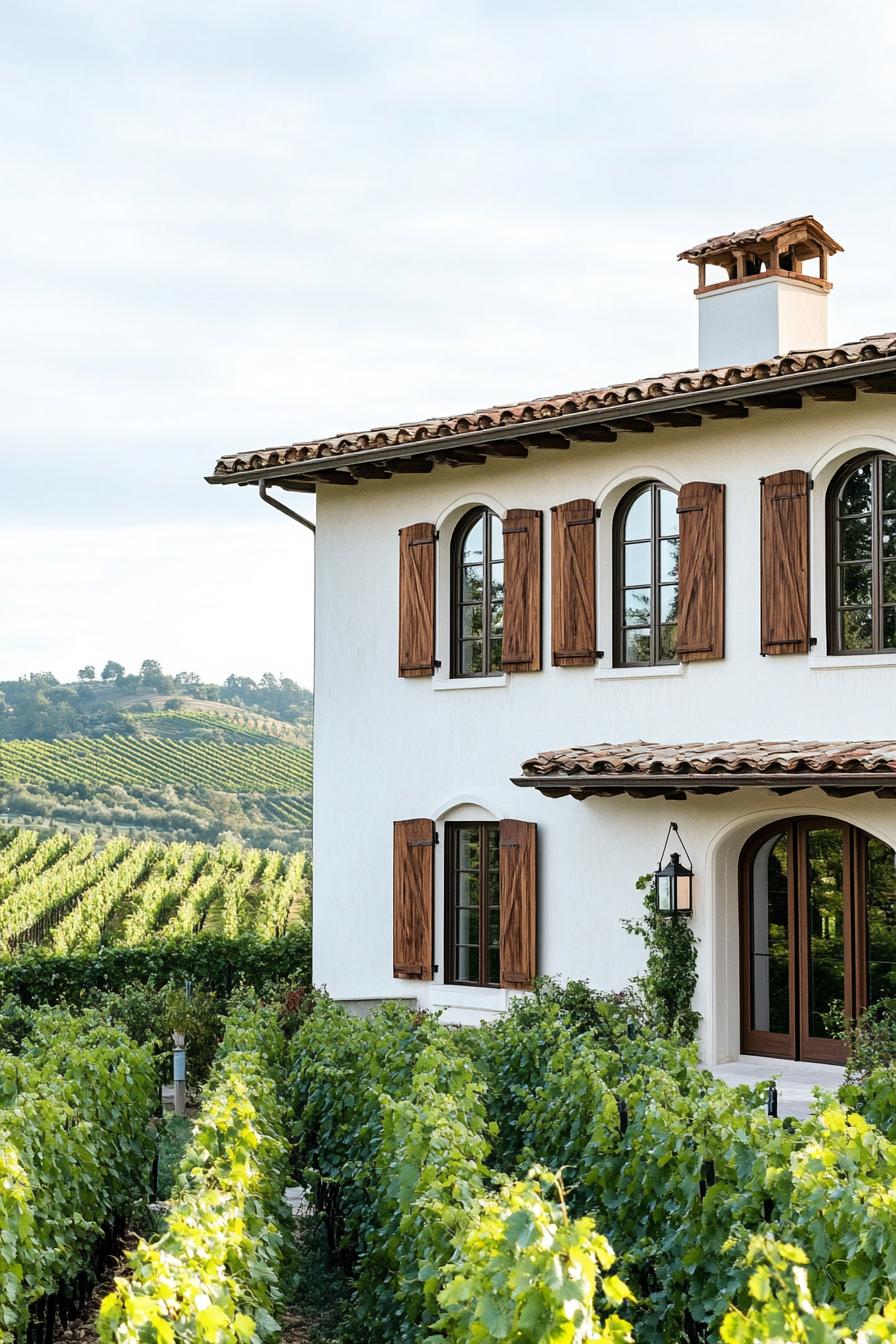 mediterranean revival architecture home facade with tall narrow windows and wooden shutters hilly vineyard landscape 3